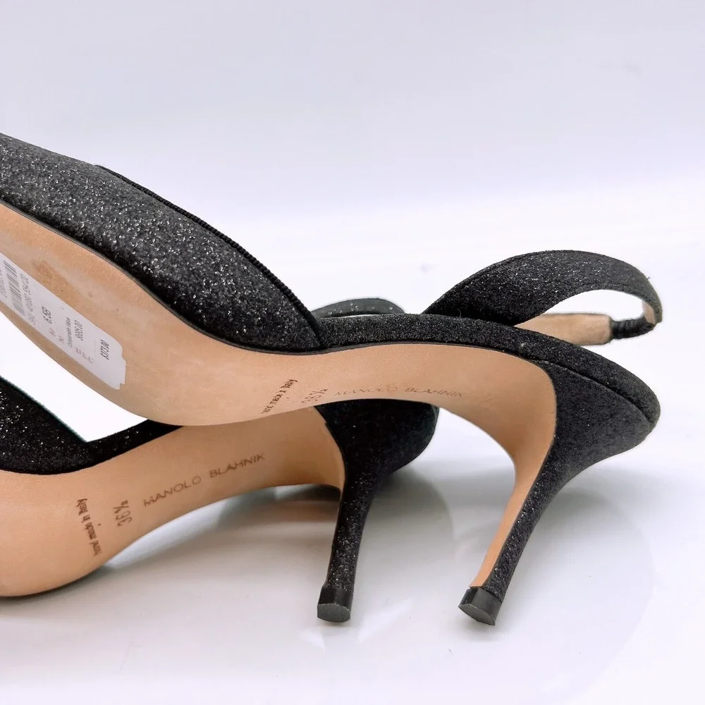 Manolo Blahnik Carolyne Low Heel Women's Slingback Pumps Black Glitter EU 36.5